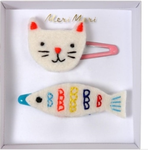 [MeriMeri]메리메리 / Embroidered Cat &amp; Fish Hair Clips
